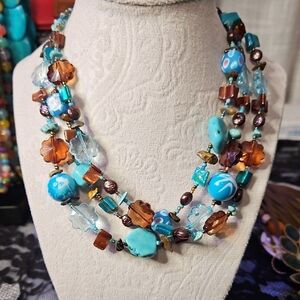 Elegant Turquoise and Amber Beaded Necklace